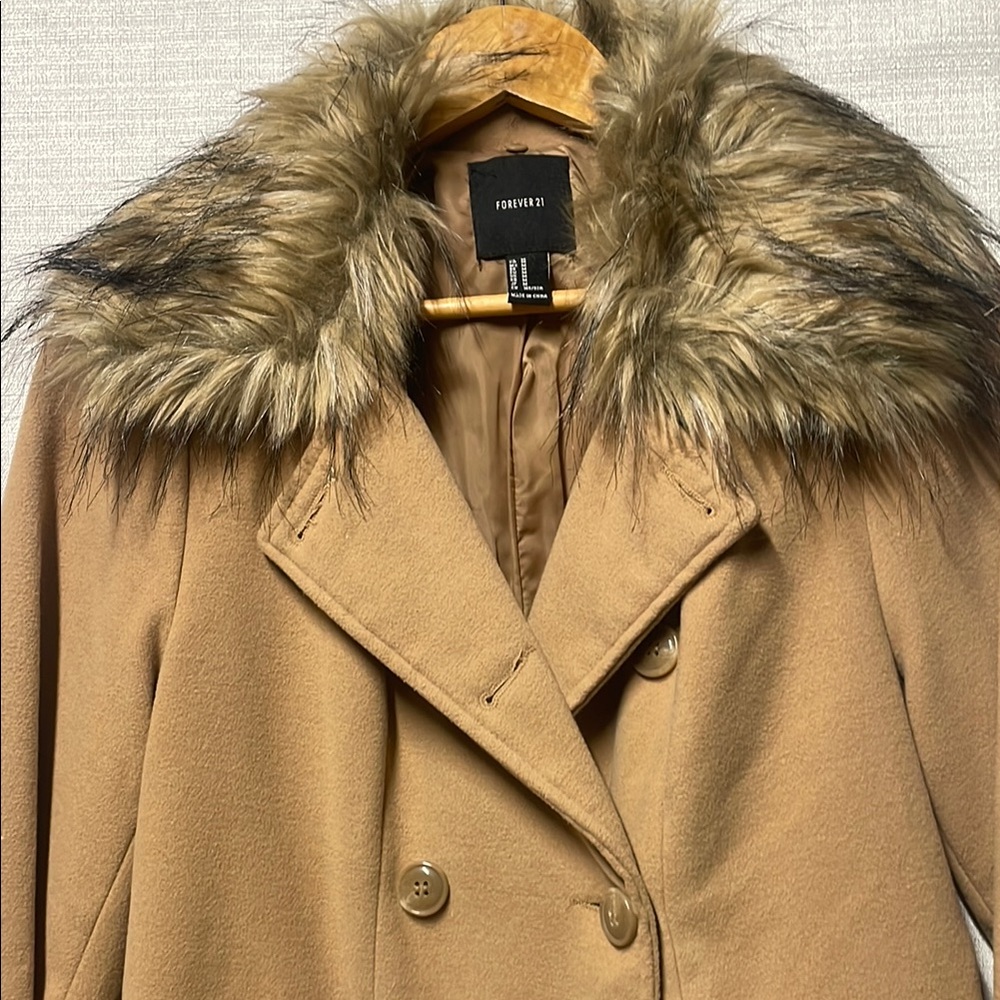 Forever 21 Tan Pea Coat with Faux Fur Collar